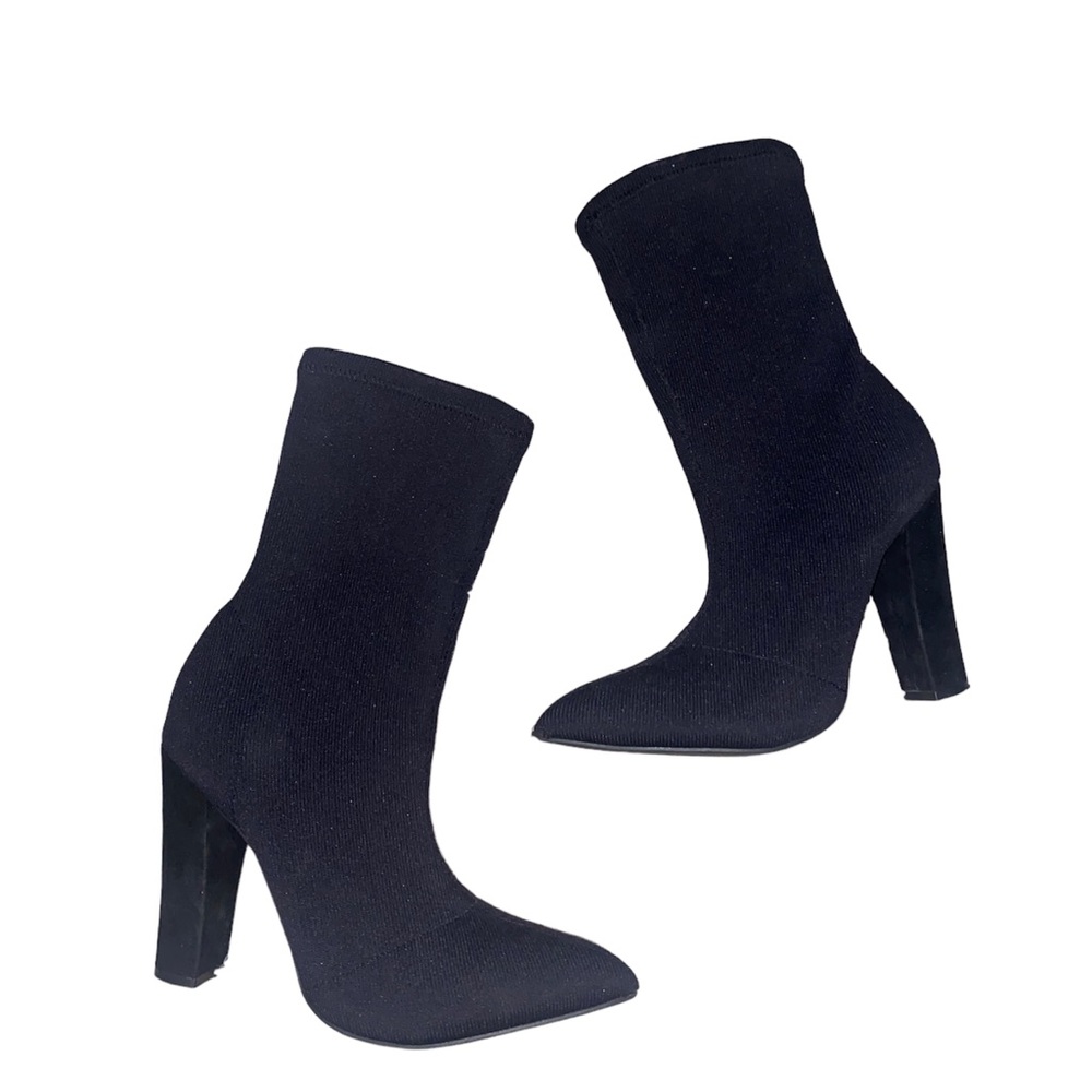 Black Sock Pointy Boot  W/ Suede Heel